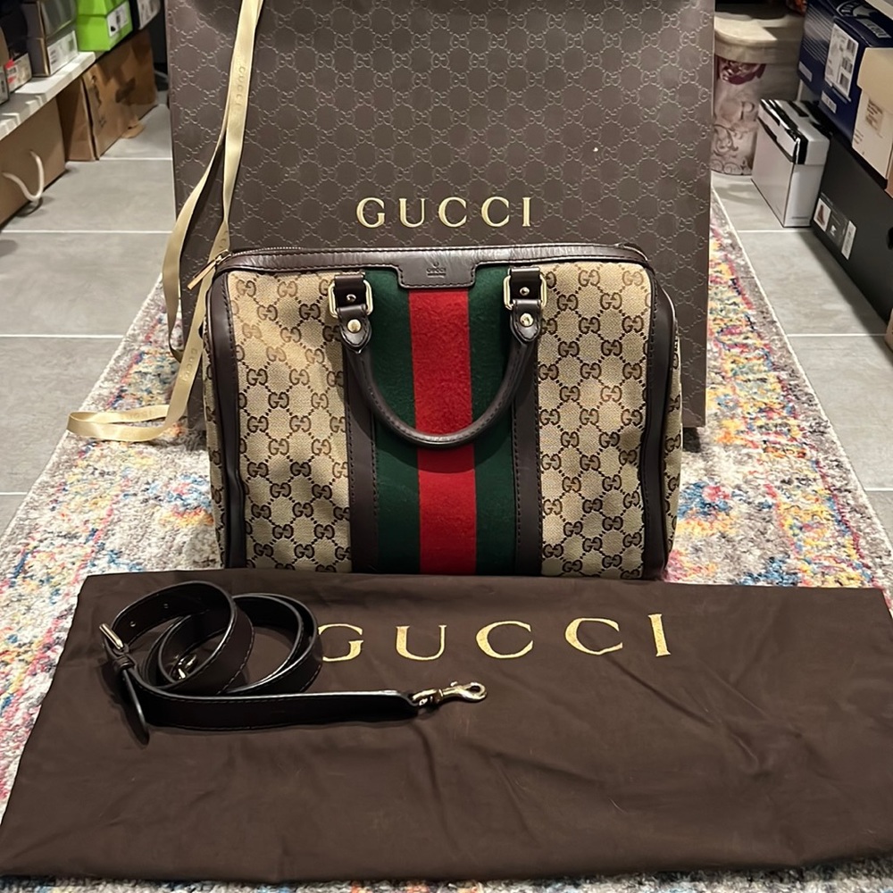Authentic Gucci Web Medium Boston Bag